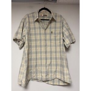 GH Bass Men's Plaid Short Sleeve Button Down Shirt Beige Blue Tan Casual Size XL